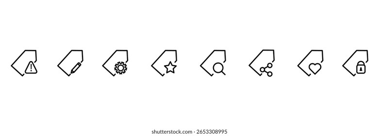 Tag action icon collection with alert edit settings favorite search share love secure lock symbols in clean outline vector illustration.