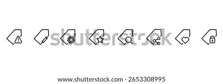 Tag action icon collection with alert edit settings favorite search share love secure lock symbols in clean outline vector illustration.