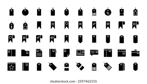 tag and bookmark icons. solid glyph style icon set