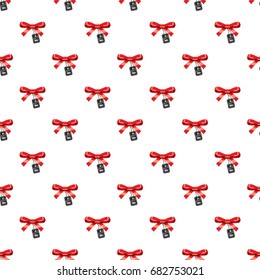 Tag with bow with discount pattern seamless repeat in cartoon style vector illustration
