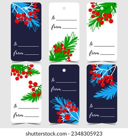 Tag Christmas presents and gift boxes by tying and hanging the nominative labels with a hole. Vector design of Christmas stickers and marks decorated with Christmas tree branches and crimson berries.