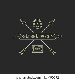 Tag clothing size or shoes, monogram hipster wear mockup emblem with arrows and ribbon
