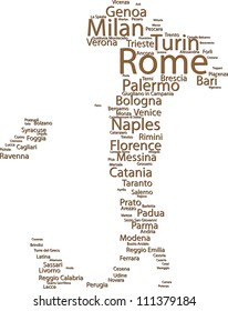 Tag cloud - 100 Italy's largest cities presented on the map of Italy