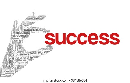 Tag cloud containing words related to strategy, leadership, business, innovation, success, motivation, vision, mission and teamwork in the shape of hand holding a word. "Success" emphasized.