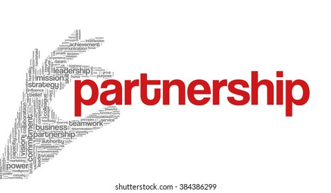 Tag cloud containing words related to strategy, leadership, business, innovation, success, motivation, vision, mission and teamwork in the shape of hand holding a word. "Partnership" emphasized.