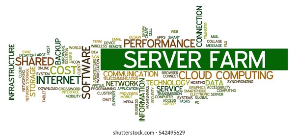 Tag cloud containing words related to internet and network engineering, data storage, internet communication, server farm, cloud computing and software applications.