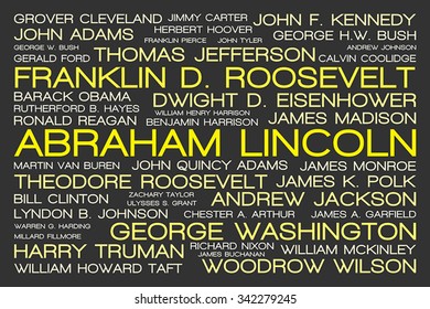 The tag cloud showing the names of all presidents of United States of America in history