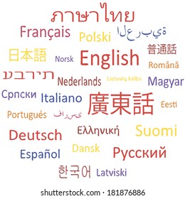 Tag cloud or speech bubble: Different languages' titles. Vector illustration.