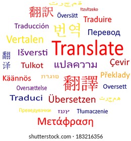 Tag cloud or speech bubble: Translate in different languages Vector illustration.