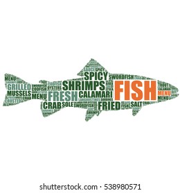 tag cloud vector silhouette of a fish for a seafood restaurant
