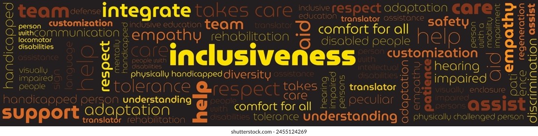 tag cloud with words inclusiveness, supportiveness, help, aid