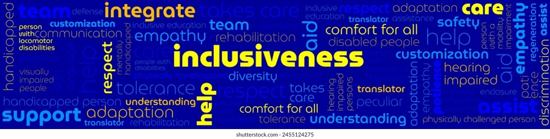 tag cloud with words inclusiveness, supportiveness, help, aid
