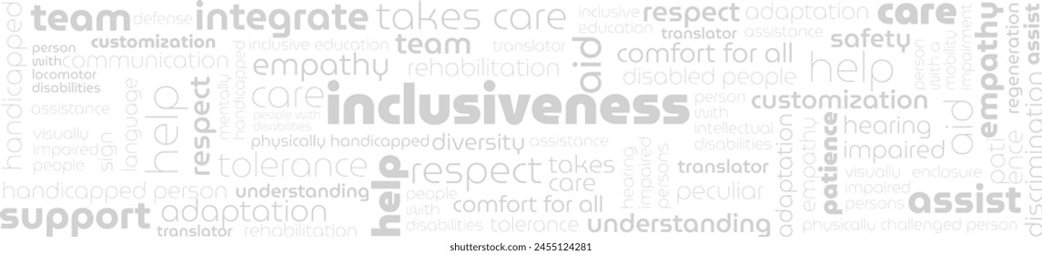 tag cloud with words inclusiveness, supportiveness, help, aid