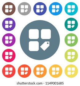 Tag component flat white icons on round color backgrounds. 17 background color variations are included.