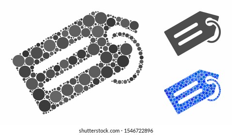 Tag composition of circle elements in various sizes and color tones, based on tag icon. Vector circle elements are composed into blue mosaic. Dotted tag icon in usual and blue versions.