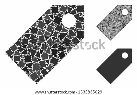 Tag composition of inequal parts in different sizes and shades, based on tag icon. Vector irregular parts are united into collage. Tag icons collage with dotted pattern.