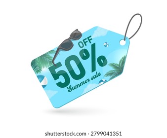 Tag or coupon for a special offer: 50% off summer sale promotion against a background of sunlight shining on coconut trees and a summery atmosphere, vector 3d illustration isolated on white background