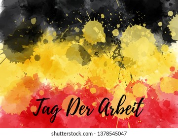 Tag Der Arbeit - Labor day in German. Abstract watercolor splashes painted flag of Germany. Labor day holiday background.