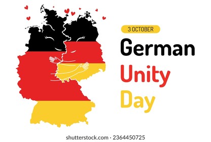 Tag der Deutschen Einheit. German Unity Day October 3rd. The two parts of the Germany map are reunited and hugging. Holidays in Germany. Vector illustration in cartoon style.