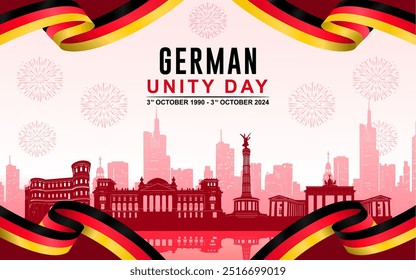 Tag der Deutschen Einheit. German Unity Day October 3rd. Anniversary celebration independence Germany day with silhouettes of famous German landmarks, background color with German flag color.