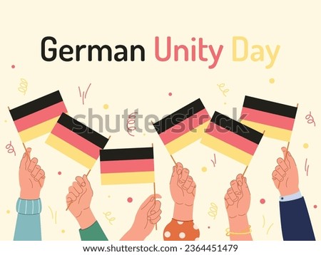 Tag der Deutschen Einheit. German Unity Day October 3rd. Hands of people with German flags. Holidays in Germany. Vector illustration in cartoon style.