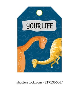 Tag design with dino. Dinosaurs on blue background. Creatures and fossil reptiles concept. Template for greeting labels or invitation card