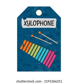 Tag design with musical instruments. Drums, guitars, accordion, violin, tubes, maracas on blue background. Concert and entertainment concept. Template for greeting labels or invitation card