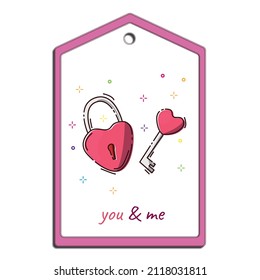 Tag design template with lock and heart key for holiday decoration. Love concept. Price tag happy valentines day. Template for decoration.