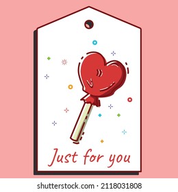 Plantilla de diseño de etiquetas con lollipop rojo en forma de corazón para la decoración de vacaciones. Ilustración anterior. Concepto de amor. Día de San Valentín feliz con etiqueta de precio. Plantilla para la decoración.
