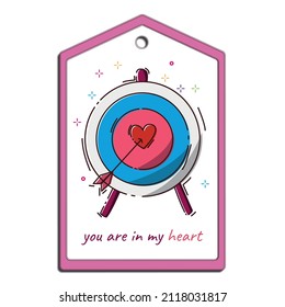 Tag design template with a target right in the heart for festive decoration. Love concept. Price tag happy valentines day. Template for decoration.