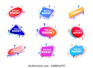 Tag Did you know bundle. Banner or sicker with Interesting fact. Helpful template for ask or quiz. Educational coloreful set. Vector illustration