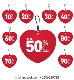 tag discount up to 10% until 90% all item with heart shape in red color