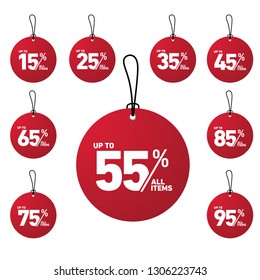 tag discount up to 15% until 95% all item with circle shape in red color