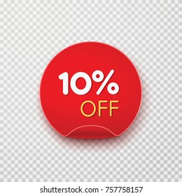 Tag, discount sticker isolated on transparent background. Vector sale label, retail badge or special offer. Red promotion campaign icon, 10% off, price tag for your advertising design.
