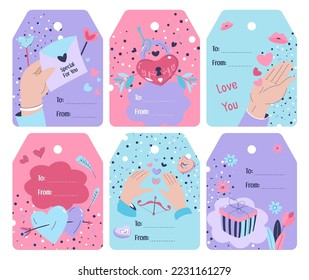 Elemento de etiqueta establecido para regalo de bienvenida, celebración. Celebre la colección actual con signo, ilustración vectorial. Etiqueta de plantilla con corazones, mano, caja para cumpleaños, navidad presente