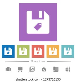 Tag file flat white icons in square backgrounds. 6 bonus icons included.