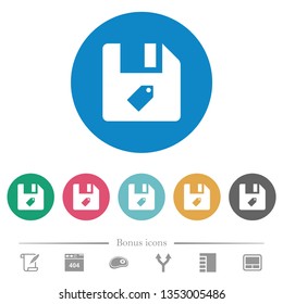 Tag file flat white icons on round color backgrounds. 6 bonus icons included.