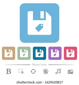 Tag file white flat icons on color rounded square backgrounds. 6 bonus icons included
