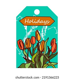 Tag with flowers. Bunches in vases, tulips, roses vector illustrations with text on blue back. Florist shop or spring concept for greeting cards and labels design