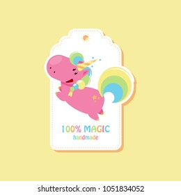 Tag with flying unicorn for handmade items. Vector flat illustration