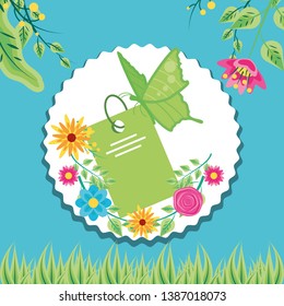 tag in frame circular with butterfly and flowers