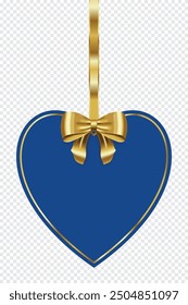 Tag with gold bow. Blank blue label with golden ribbon. Paper blue frame with gold bow. Vector illustration