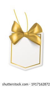 Tag with gold bow. Blank white price paper label, geometric form card with golden satin or silk ribbon, birthday packaging gift, sale sticker with copy space vector realistic isolated single object