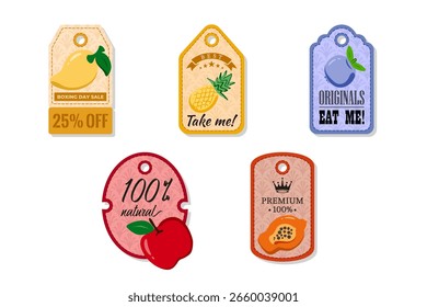 Una etiqueta con un agujero en la parte superior, elegante y creativa para etiquetar jugos, mermeladas y diferentes alimentos. Etiquetas de embalaje con mango dorado, piña, arándano, manzana, papaya