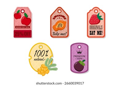 A tag with a hole at the top, elegant and creativity for labeling purposes juices, jams and different foods. Packaging tags with apple, papaya, strawberry, seabuckthorn, mangosteen