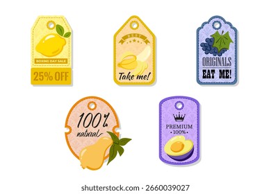 A tag with a hole at the top, elegant and creativity for labeling purposes juices, jams and different foods. Packaging tags with lemon, banana, grape, pear, plum