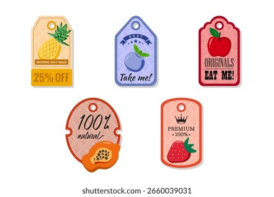 A tag with a hole at the top, elegant and creativity for labeling purposes juices, jams and different foods. Packaging tags with pineapple, blueberry, apple, papaya, strawberry