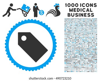 Tag icon with 1000 medical business gray and blue vector pictograms. Design style is flat bicolor symbols, white background.