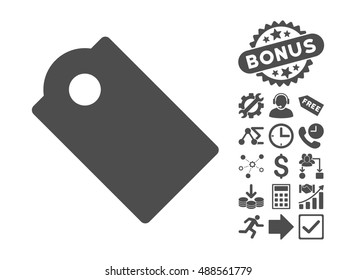 Tag icon with bonus images. Vector illustration style is flat iconic symbols, gray color, white background.