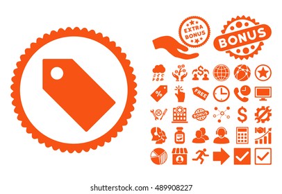 Tag icon with bonus images. Vector illustration style is flat iconic symbols, orange color, white background.